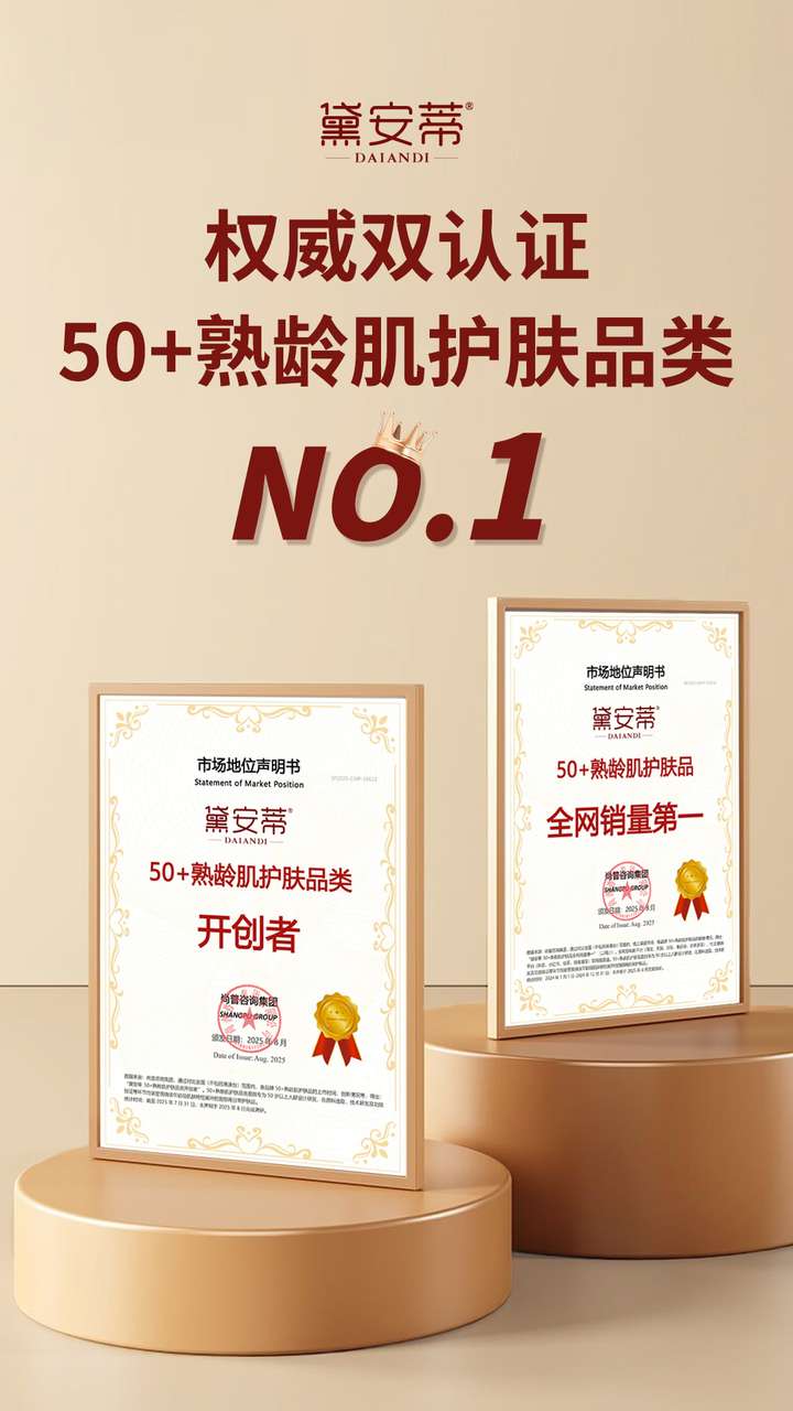 50+护肤赛道再添权威背书！黛安蒂斩获 “品类开创者 + 全网销冠” 双认证