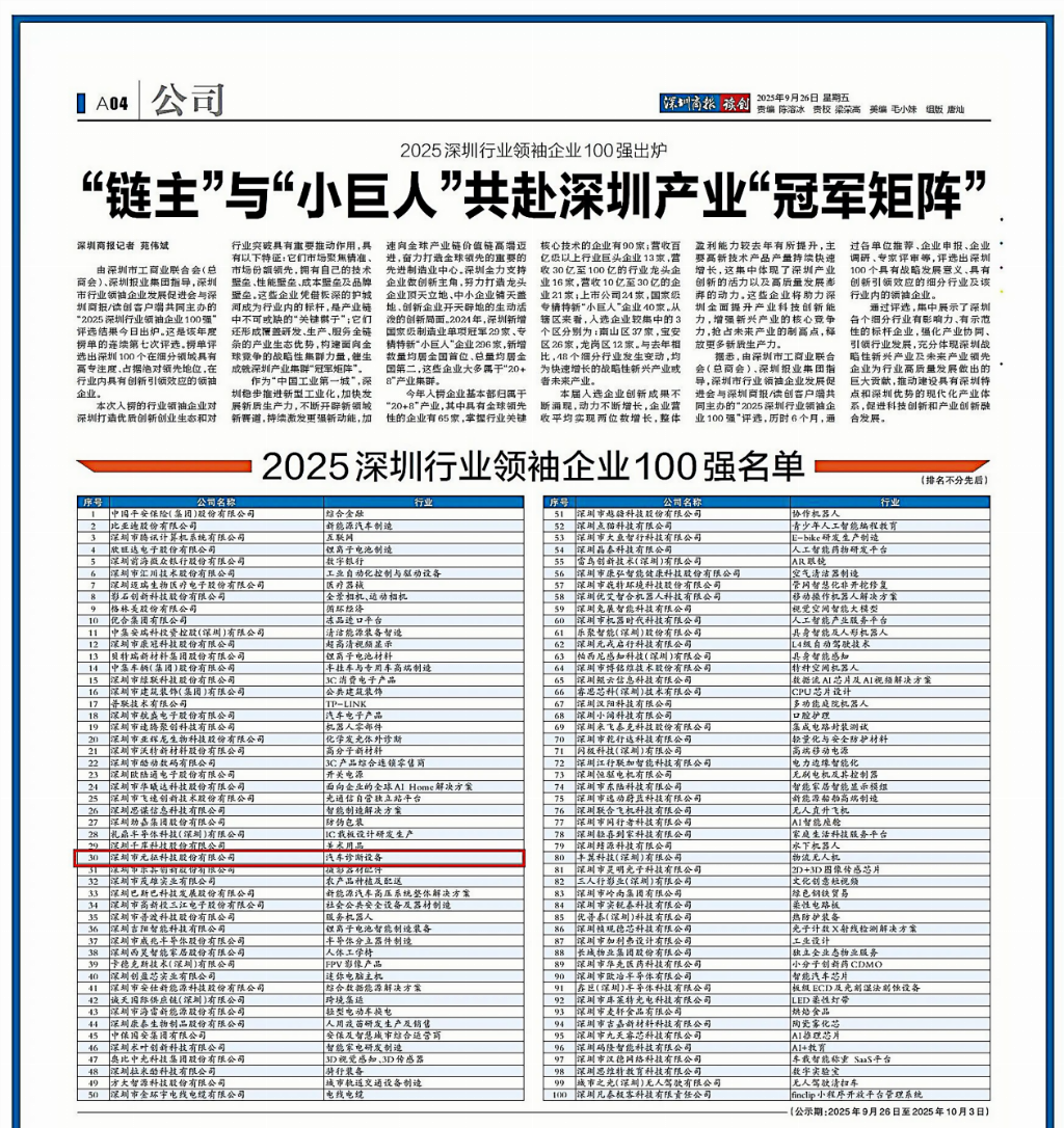元征科技荣获“2025深圳行业领袖企业100强”称号