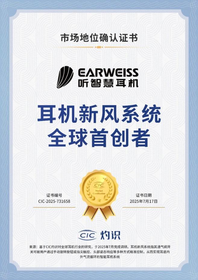 破解耳机“堵耳难题” 听智慧耳机获“耳机新风系统全球首创者”认证