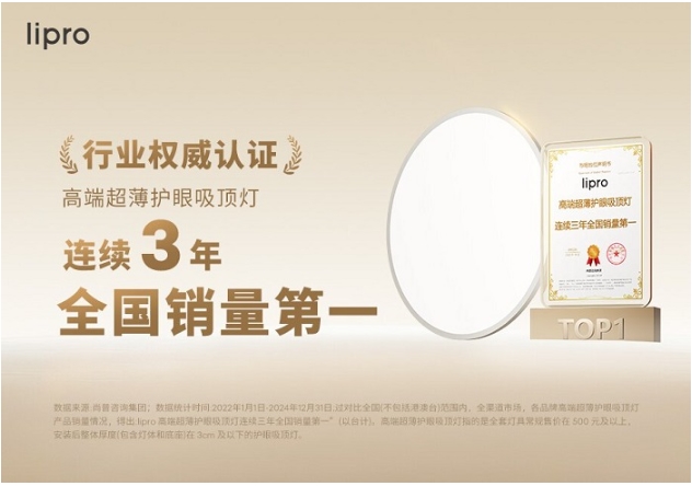 lipro 荣获「高端超薄护眼吸顶灯连续三年全国销量第一」权威认证！