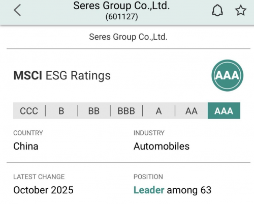 赛力斯获MSCI ESG AAA评级　成唯一获此评级A股上市车企