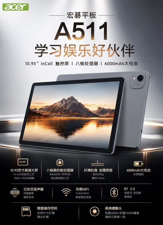 宏碁推出A511入门级10.95英寸平板，售735元