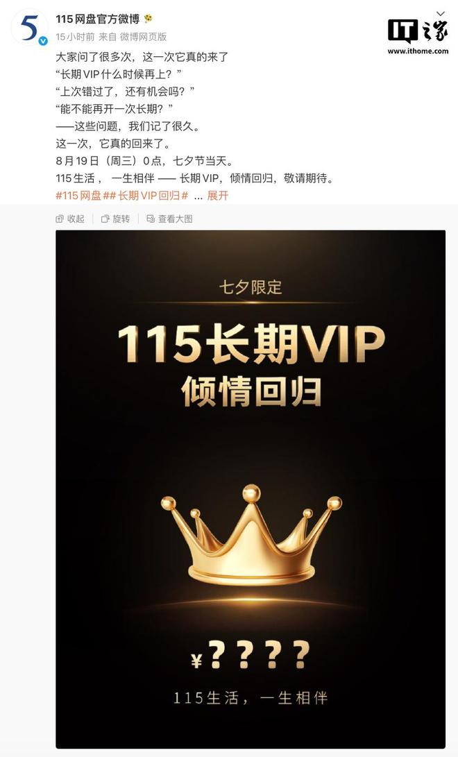 115网盘2999元长期VIP套餐回归，但不再附赠存储空间