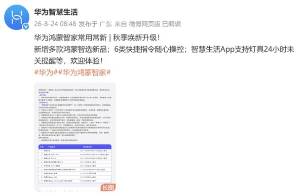 华为鸿蒙智家秋季焕新升级 新增多款鸿蒙智选新品