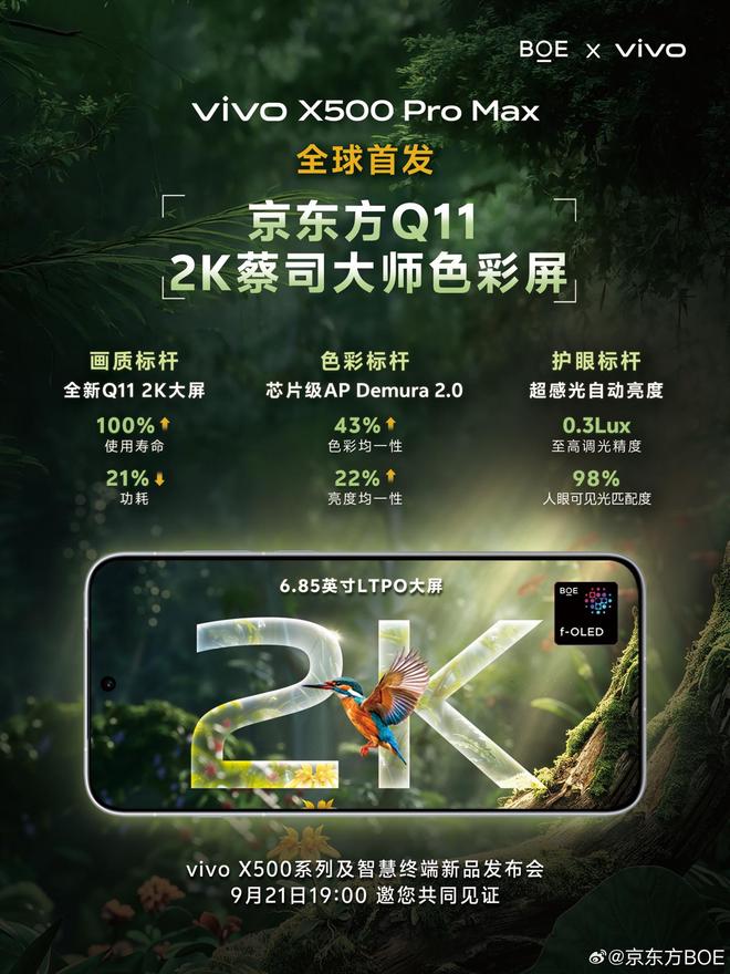 vivo X500 Pro Max手机京东方Q11 2K蔡司大师色彩屏亮点公布